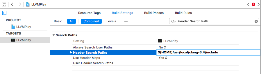 Set LLVM header search path in Xcode