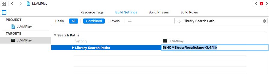 Set LLVM library search path in Xcode