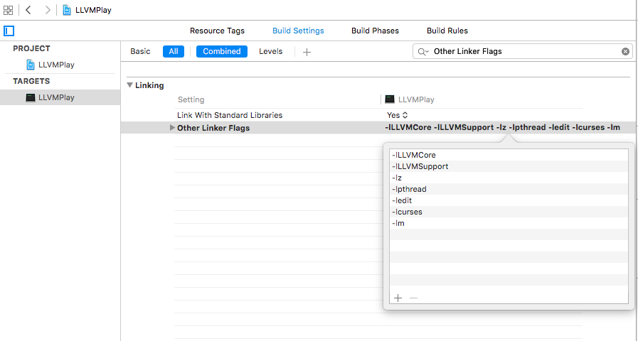Ask Xcode to link against LLVM libraries