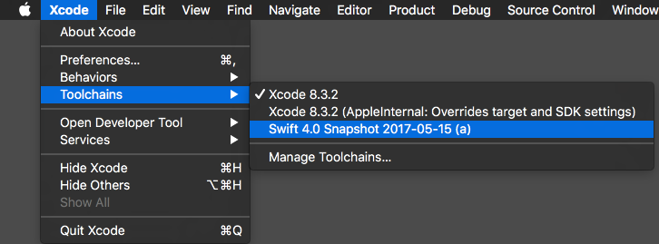 choose swift toolchain in Xcode