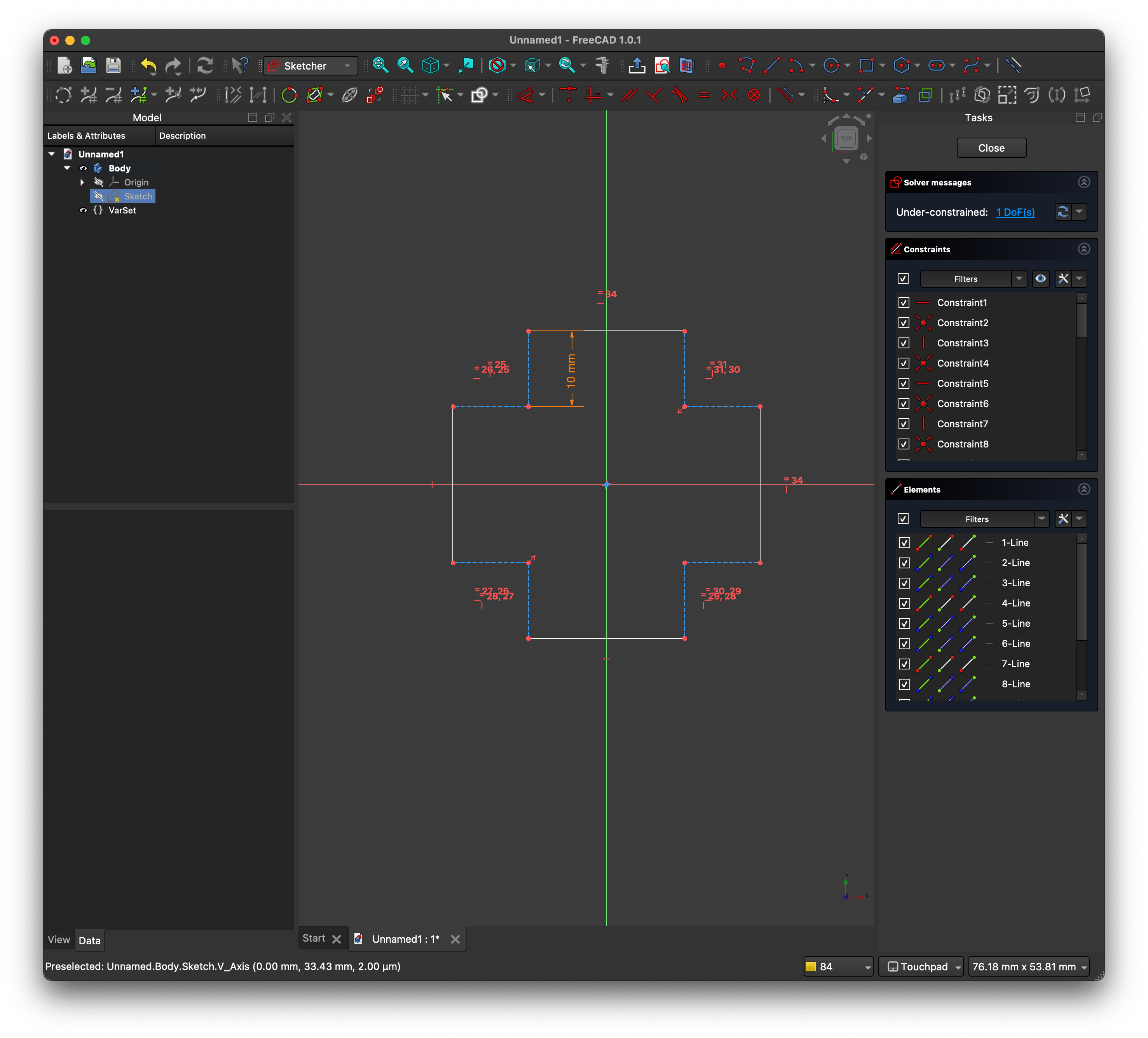 Screenshot of the FreeCAD sketch of a cross outline